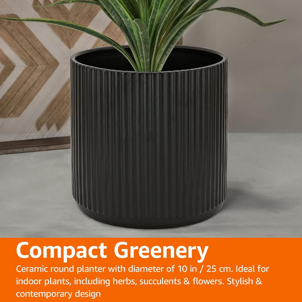 Amazon Basics Fluted Ceramic Planter Pot for Indoor Outdoor Plants, Round Flower Pot with Drainage Hole, 10-inch, Black