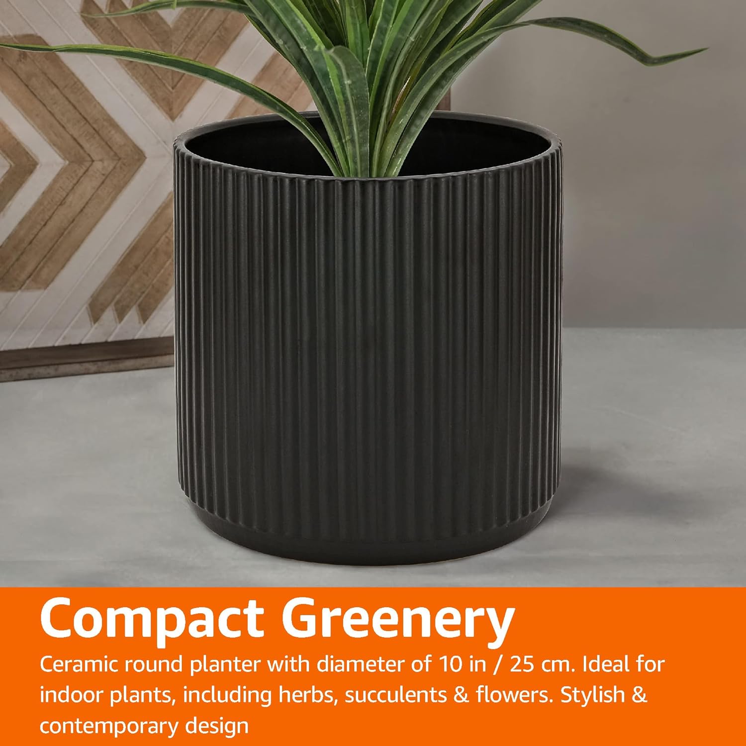 Amazon Basics Fluted Ceramic Planter Pot for Indoor Outdoor Plants, Round Flower Pot with Drainage Hole, 10-inch, Black