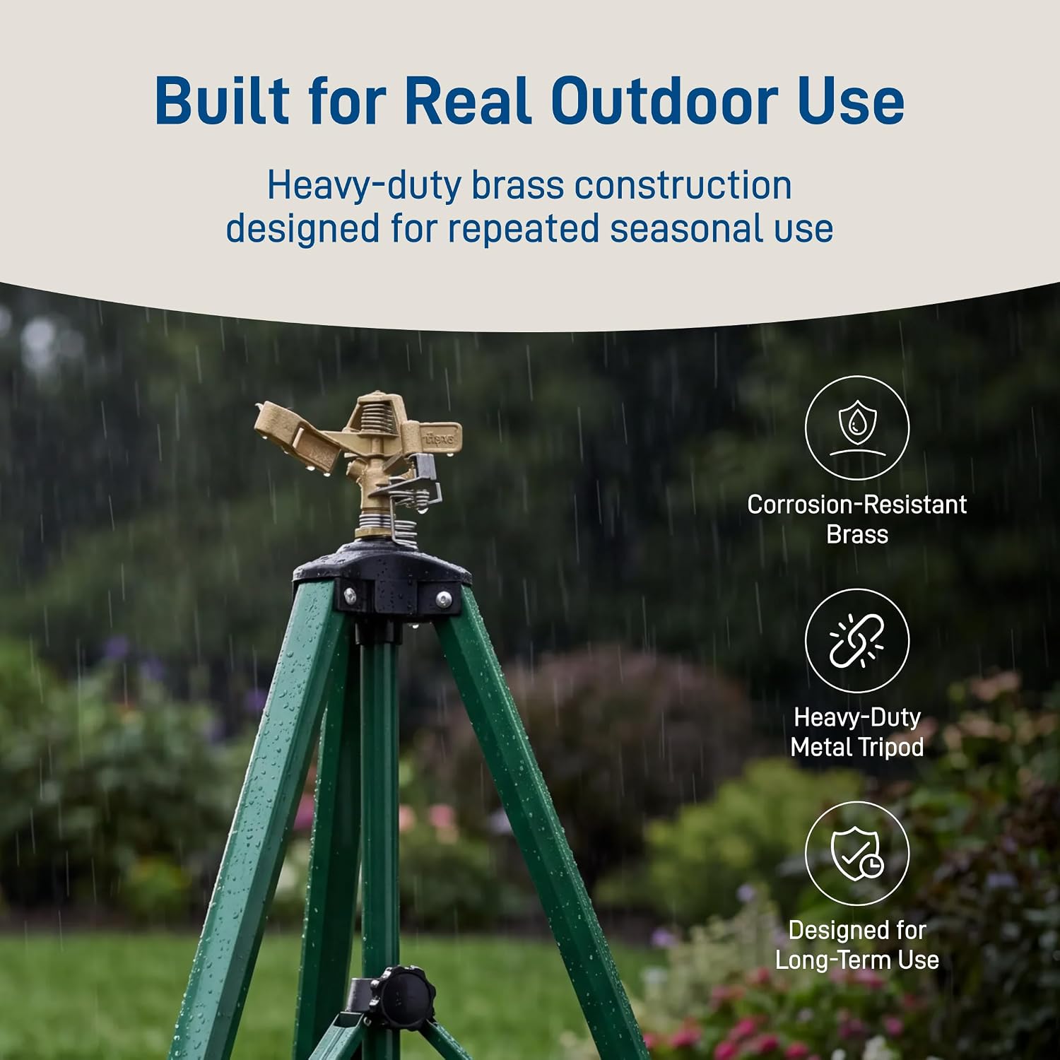 Orbit 1/2 Inch Brass Impact Sprinkler - Adjustable Metal Tripod - Long Range Lawn Watering System - 360 Degree Rotating