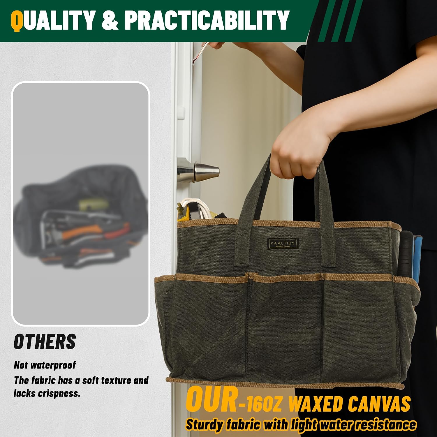 Tool Tote Bag, Heavy Duty 16oz Waxed Canvas Garden Tool Bag | Portable 11-Pocket Tool Storage Bag for Gardener