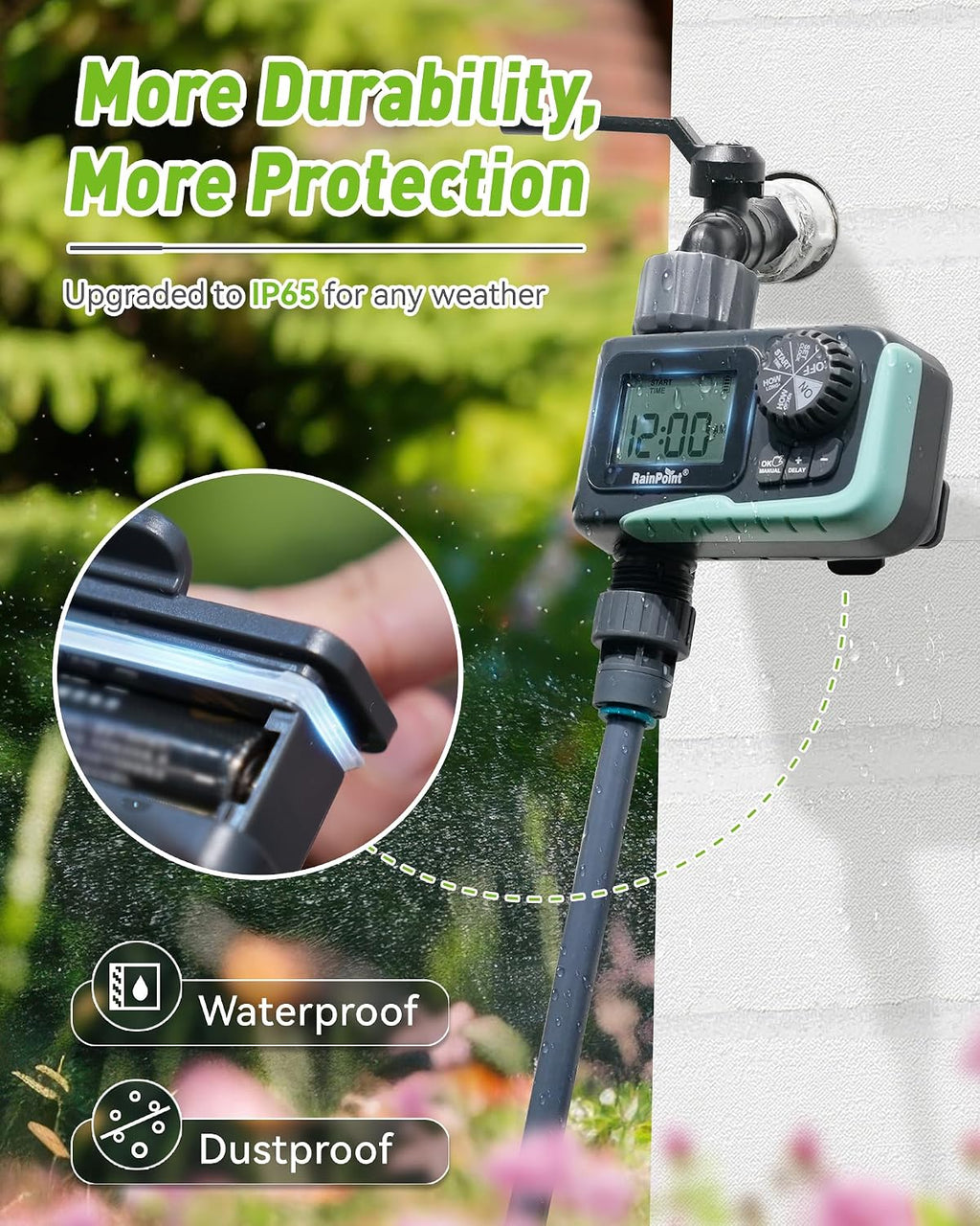 RAINPOINT Sprinkler Timer Outdoor, Water Timer for Garden Hose, Programmable Watering Irrigation Timer with Rain