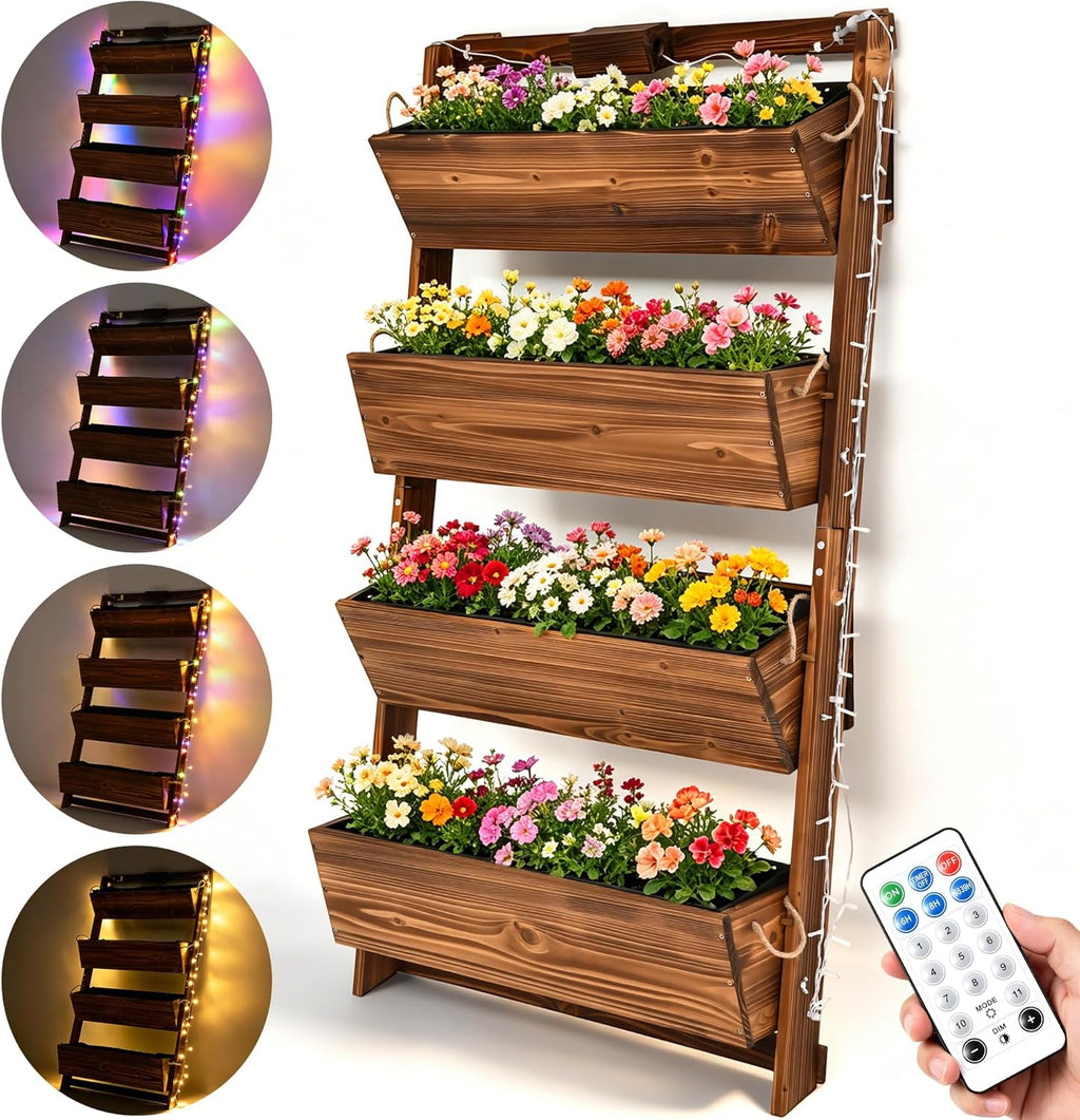 51" 4-Tier Vertical Garden Planter with LED Lights | Wooden Raised Garden Bed for Outdoor Herbs & Flowers, Wall-Leaning