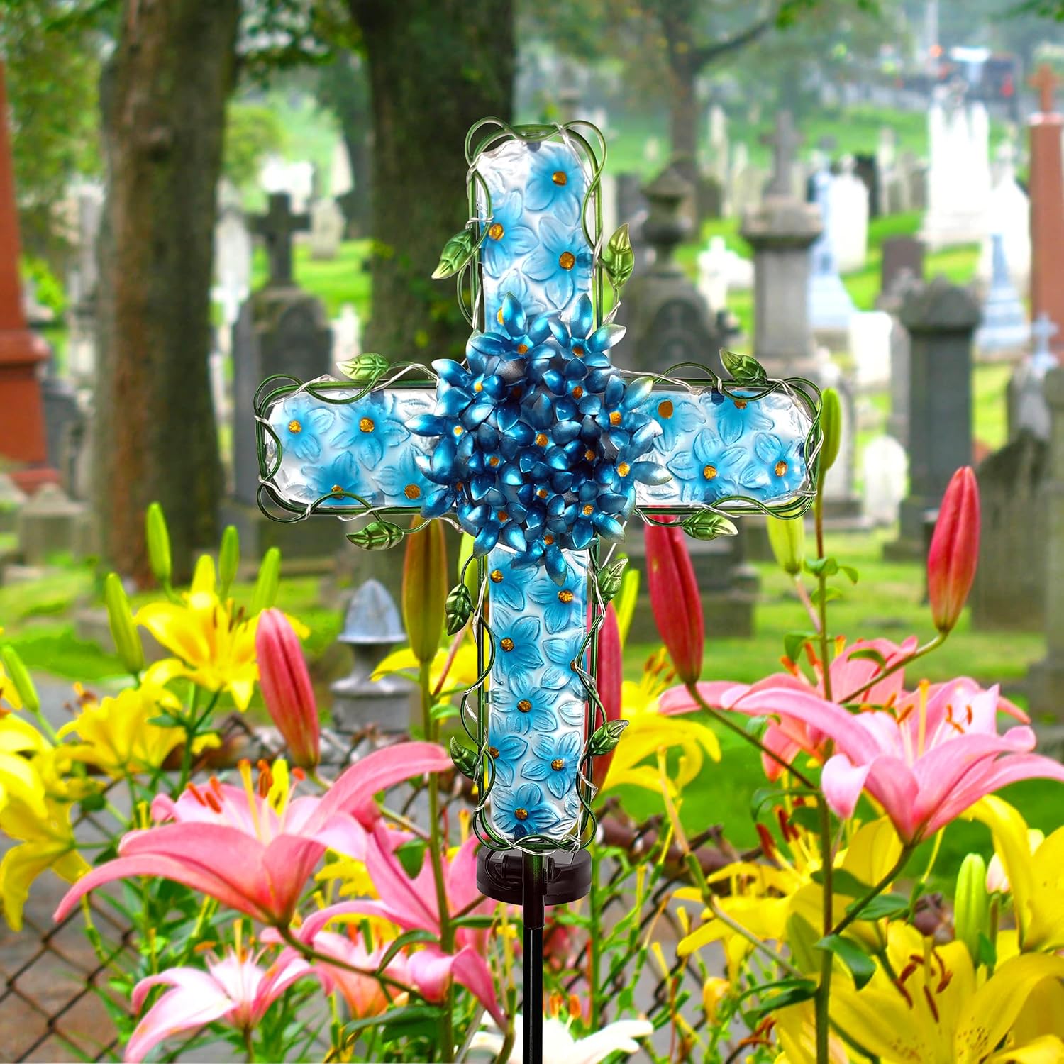 COOZZYHOUR Solar Cross Garden Lights Outdoor Decorative - Solar Metal&Glass Cross Blue Hydrangea Flower Stake Lights