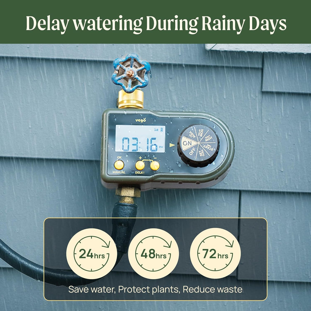 Vego Sprinkler Timer with Brass Inlet- Watering Timer for Garden Hose with Rain Delay/Manual Watering/Automatic