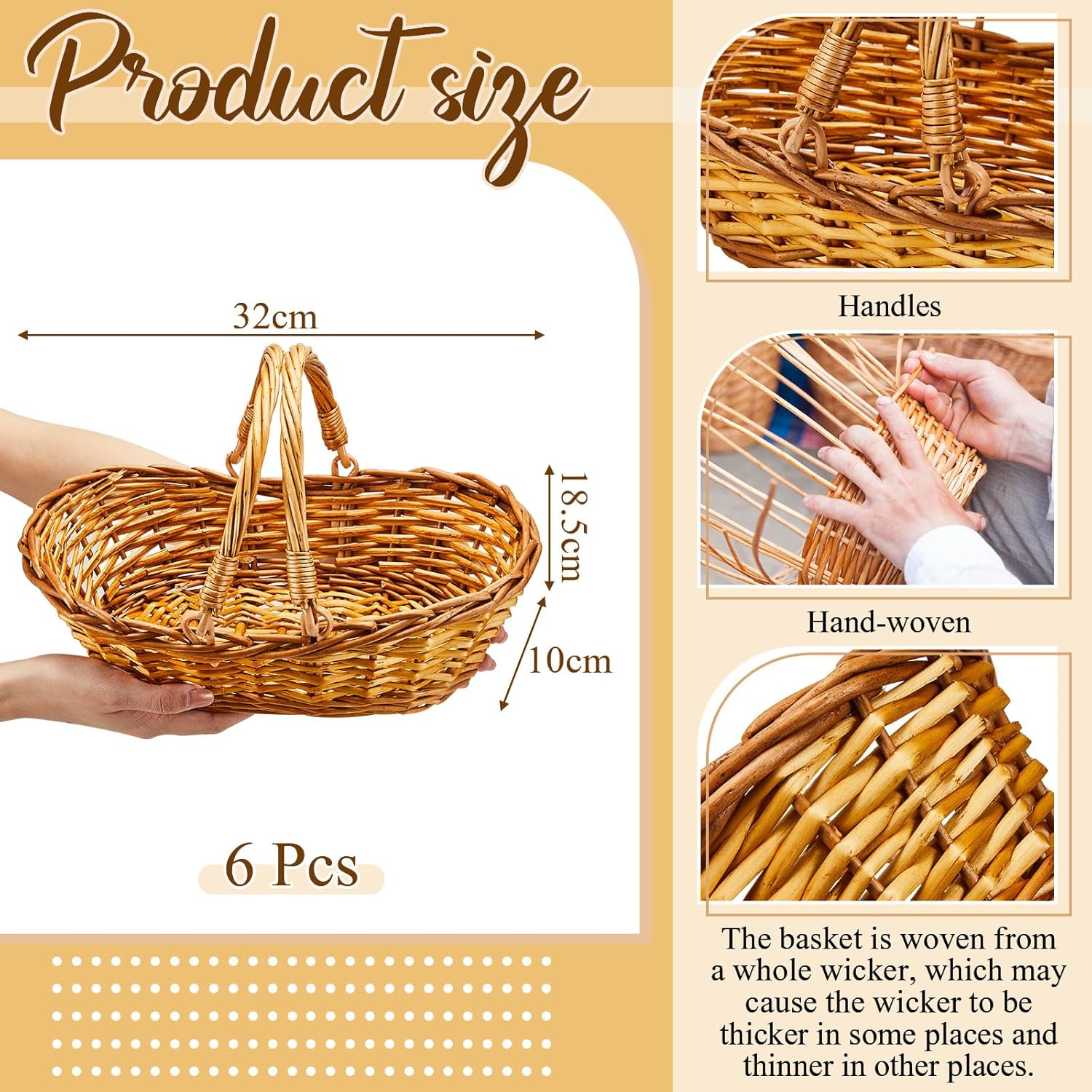 Sintuff 6 Pcs Wicker Picnic Baskets with Handles, Willow Woven,Natural | Woven Harvest Empty Basket Bulk, Storage