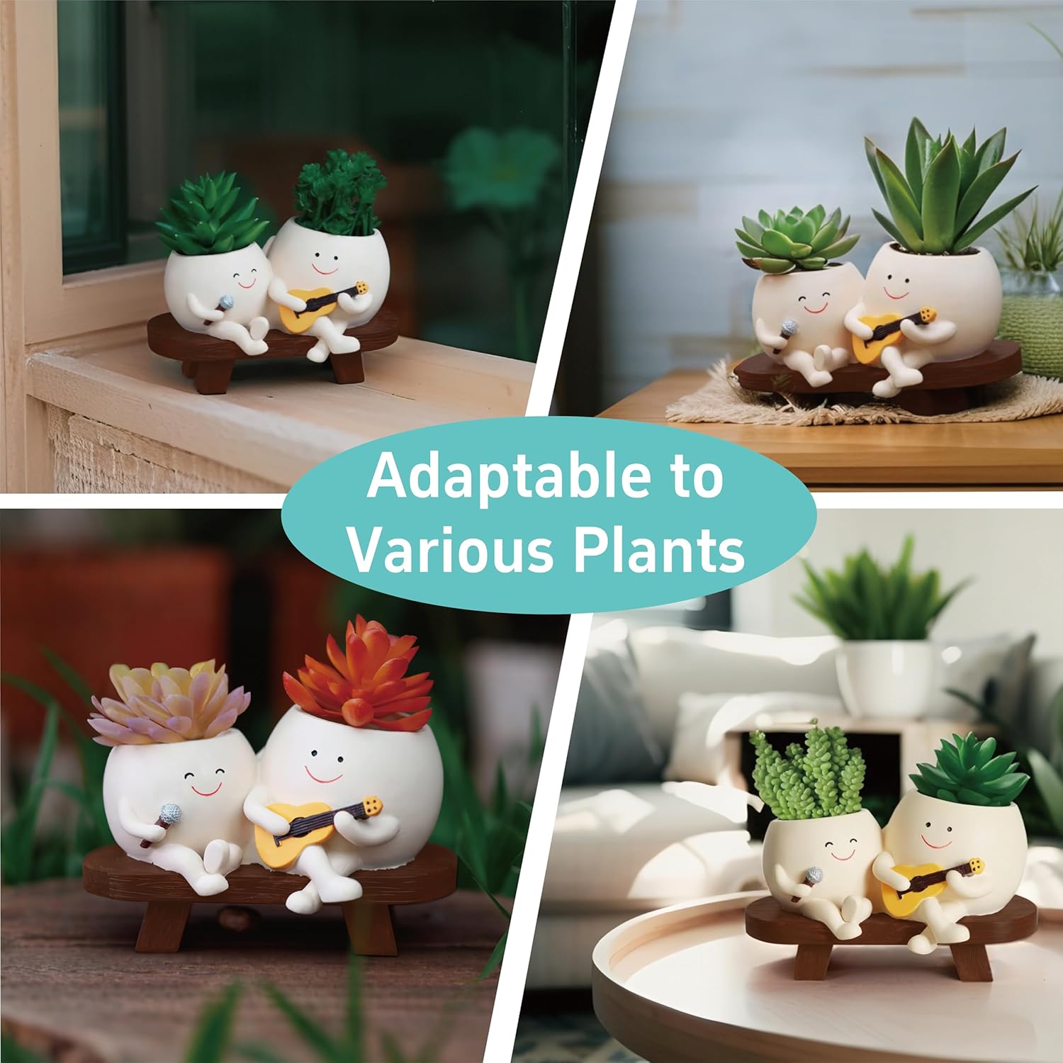 Smiley Face Planter Pot,Unique Double Head Guitar Singing Planter | with Drainage Hole Resin Cute Plant Pot,for Indoor