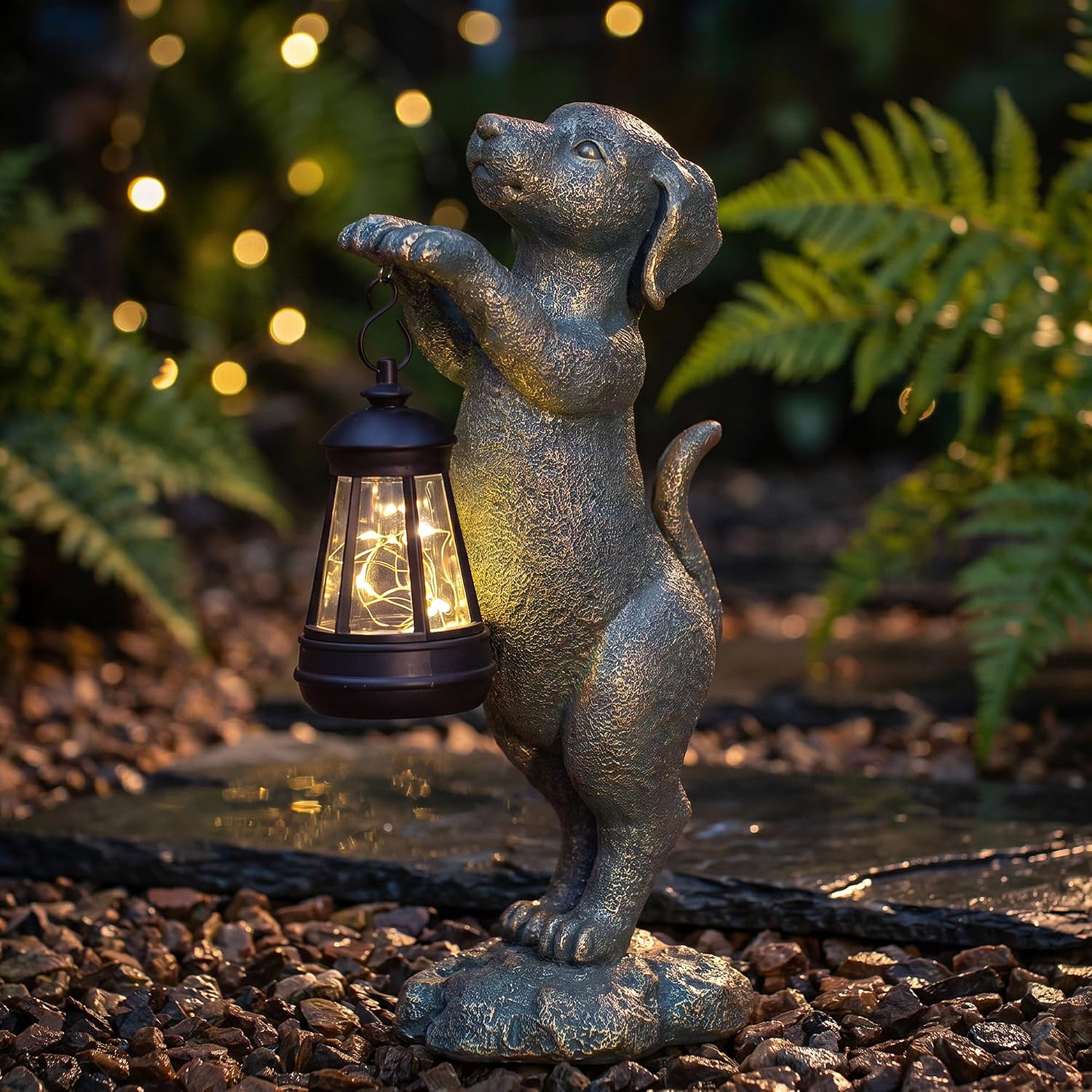 Solar Dog Garden Statue - Puppy Holding Lantern Outdoor Decor, Waterproof Resin Yard Art Figurine with Warm LED Light