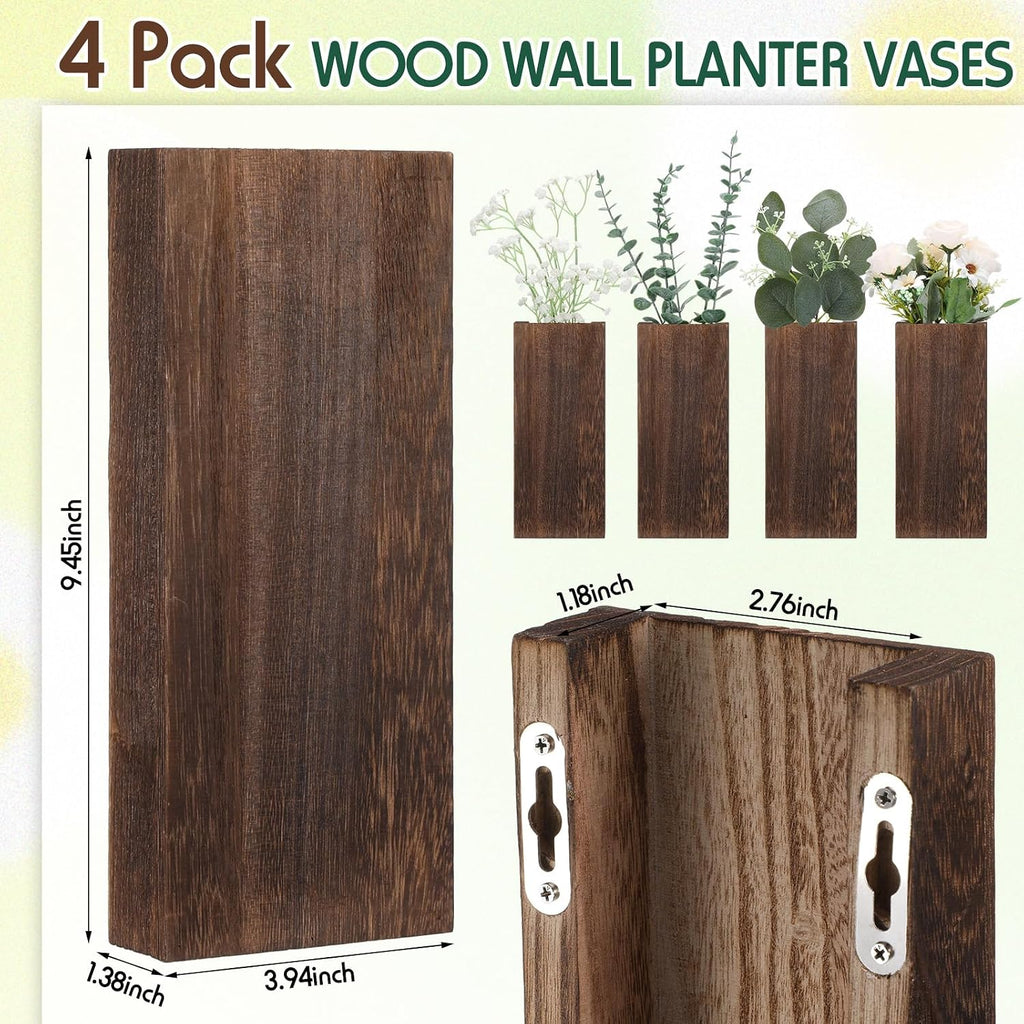 4 Pack Wood Wall Planter for Dried Flowers and Artificial Greenery Indoor Plants Holder, Wood Wall Decor Wooden Pocket