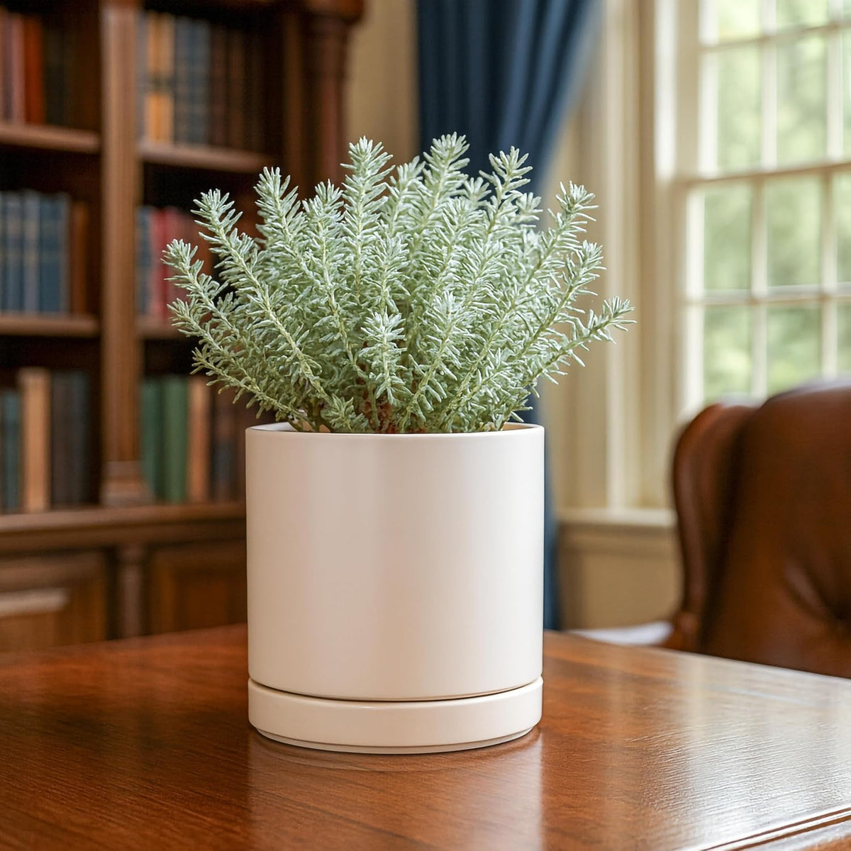 D'vine Dev 6.5 Inch Ceramic Planter Pot, Oatmeal, 94-O-C-8 | Modern Cylinder Design, Drainage Hole & Saucer Included