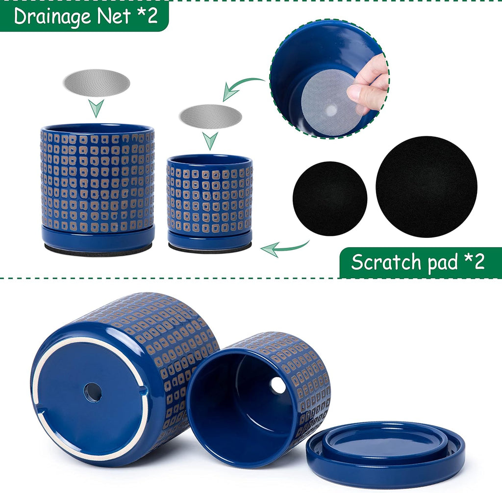 D'vine Dev Set of 2 Ceramic Planter Pots with Drainage Hole and Saucer, 4.5 Inch 6 Inch Plant Pots for Indoor