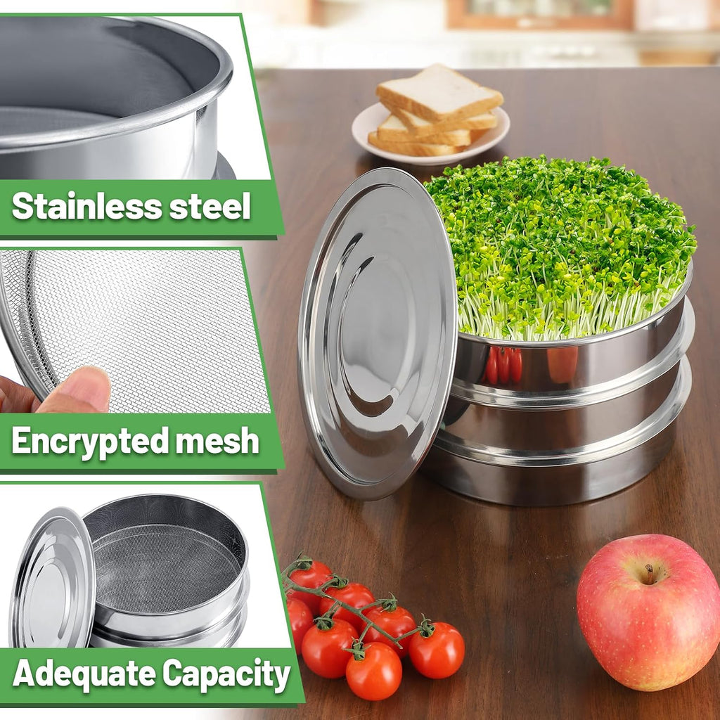 Aulock Stainless Steel Seed Sprouting Kit, 7.9'' Microgreens Growing Tray | 3-Tier, Stackable Round Sprouter Maker with