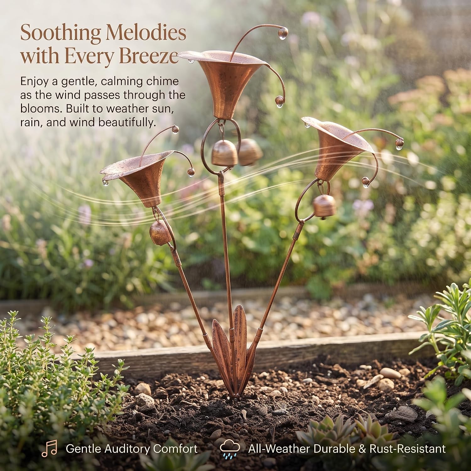 Antique Copper Flamed Three Calla Lilies Garden Stake with Bell, 24 in Handcrafted Metal Flower Yard Decor, Rustproof