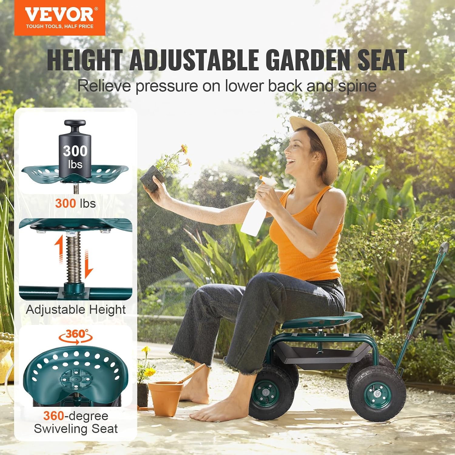 VEVOR Garden Cart Rolling Workseat with Wheels, Gardening Stool for Planting, 360 Degree Swivel Seat, Wagon Scooter