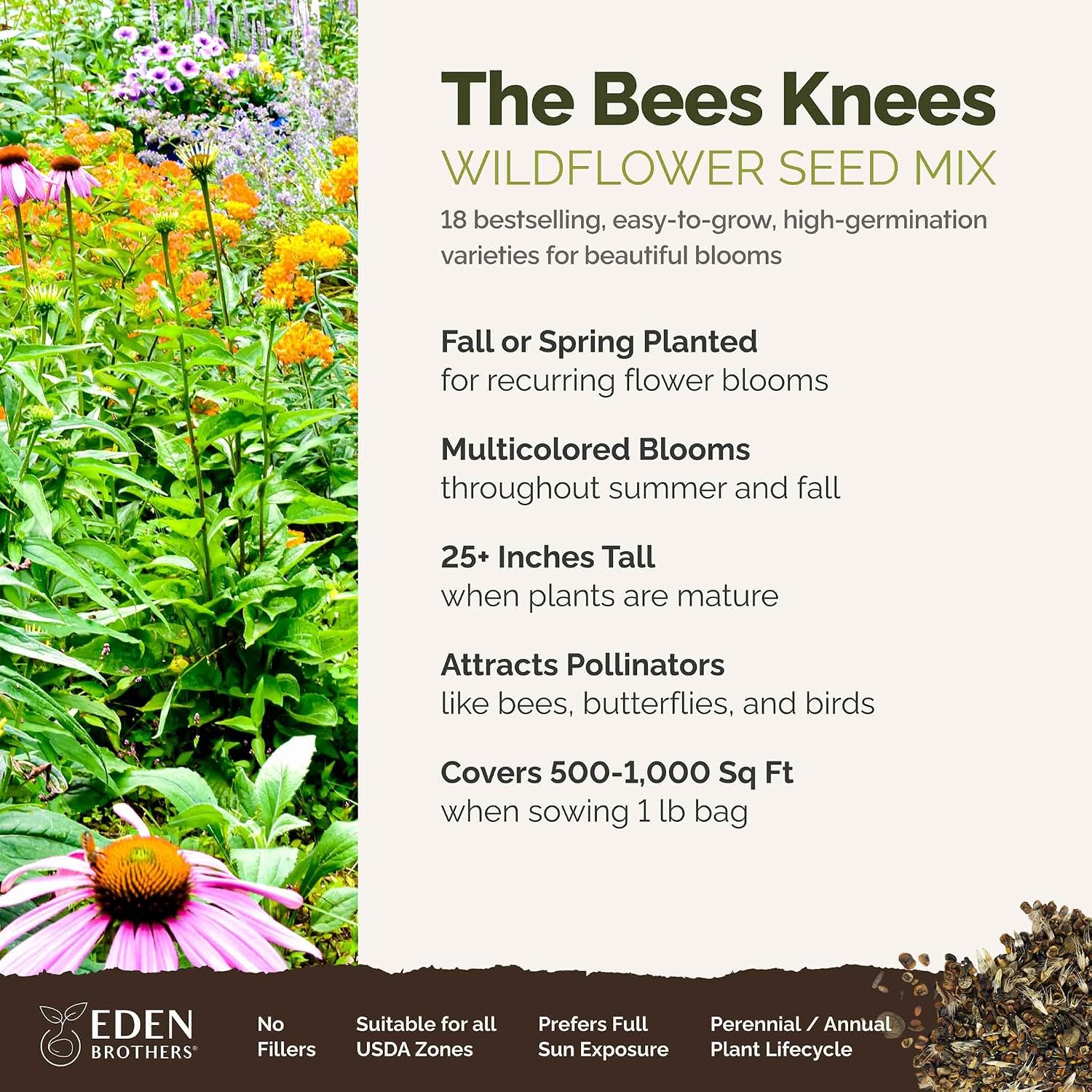 Eden Brothers The Bees Knees Pollinator Wildflower Seed Mix, 1 lb | (543,000+ Seeds), Throw and Grow, 100% Pure, No