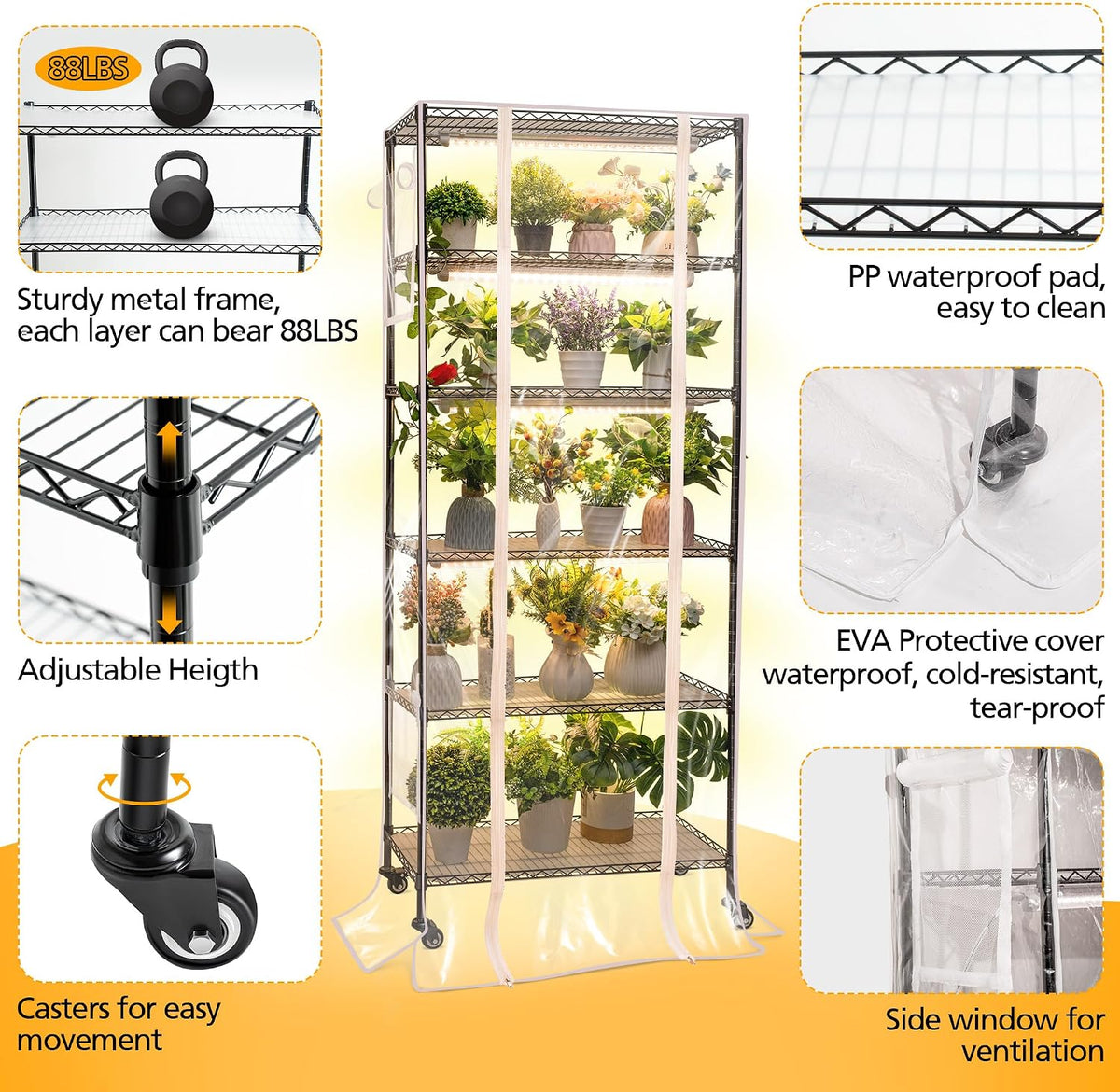 Meonum Indoor Greenhouse with Grow Lights, 6 Tier Metal Plant Shelf with Cover (30" x 13.8" x 70.8"), 5 Pack Full