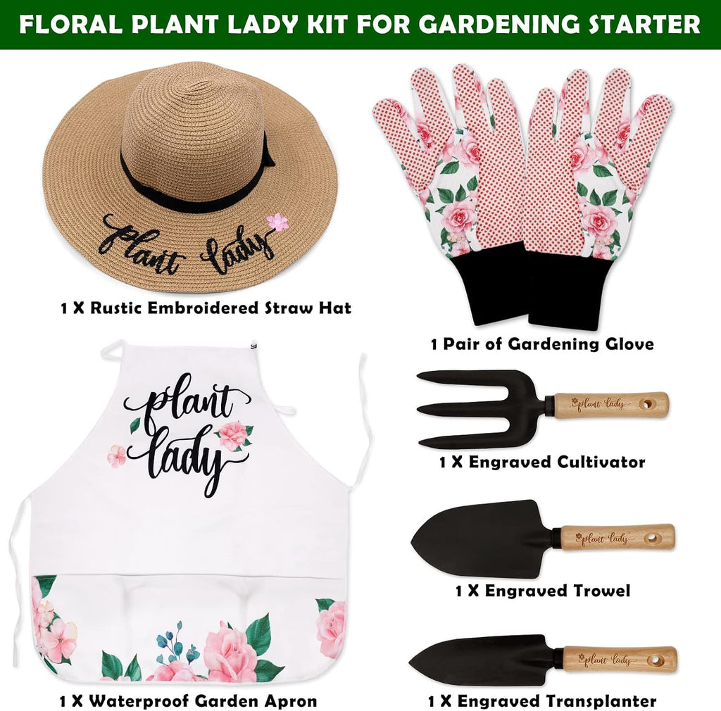 Percozzi Plant Lady Gardening Tool Gifts for Mom Gardening Tools Kit Planting Tools Straw Hat Floral Apron Glove for