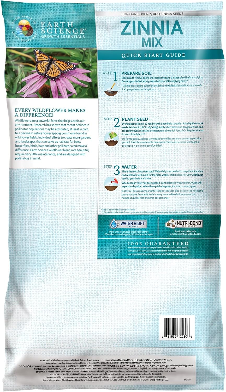 Earth Science Zinnia & Butterfly Wildflower Mix Bundle – 3-in-1 Seeds, Plant Food & Soil Conditioner – Non-GMO, Vibrant
