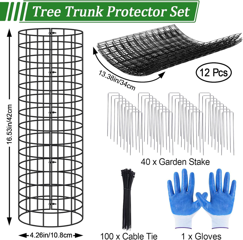 12 Pack Tree Protectors from Deer, 16.5 ''H Pre-Curved Tree Trunk Protector | with Zip Ties Metal Stakes and Gloves
