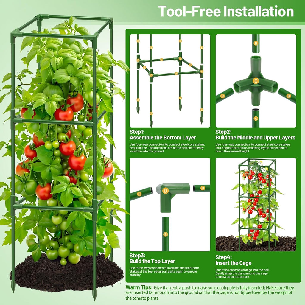 6 Pack 45 Inch Tomato Cages for Garden, Heavy Duty Tomato Trellis | Adjustable & Reusable Square Tomato Plant Support