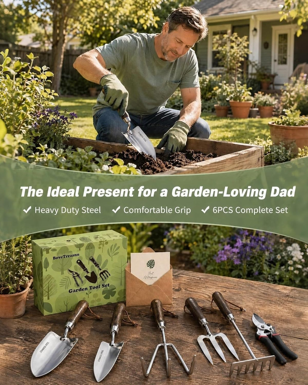 Garden Tool Set, 6PCS Heavy Duty Stainless Steel Gardening Hand Tools with Ropes, Includes Hand Cultivator Shovel