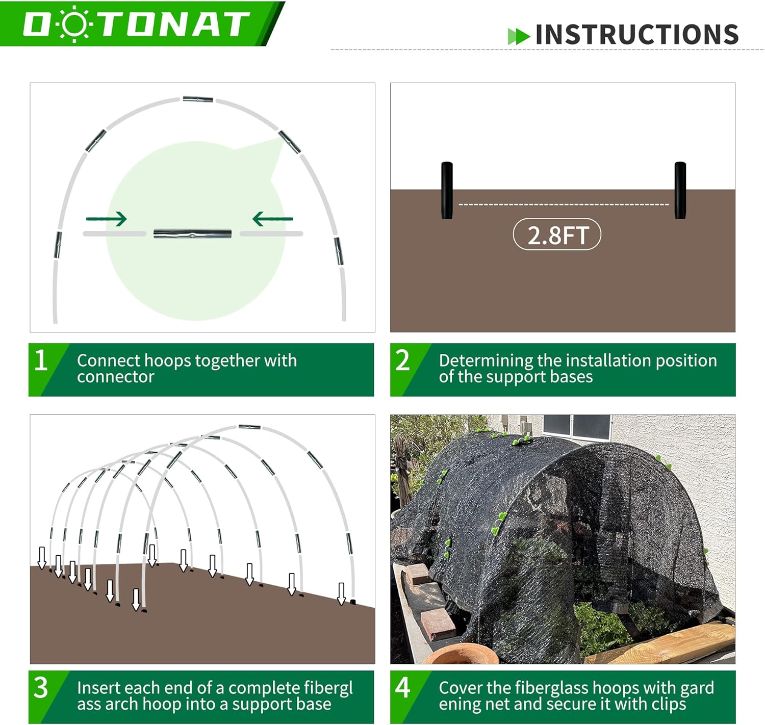 Garden Hoops for Raised Beds- Rust Free Fiberglass Frame Plant Hoops with Support Bases -Greenhouse Hoops Grow Tunnel