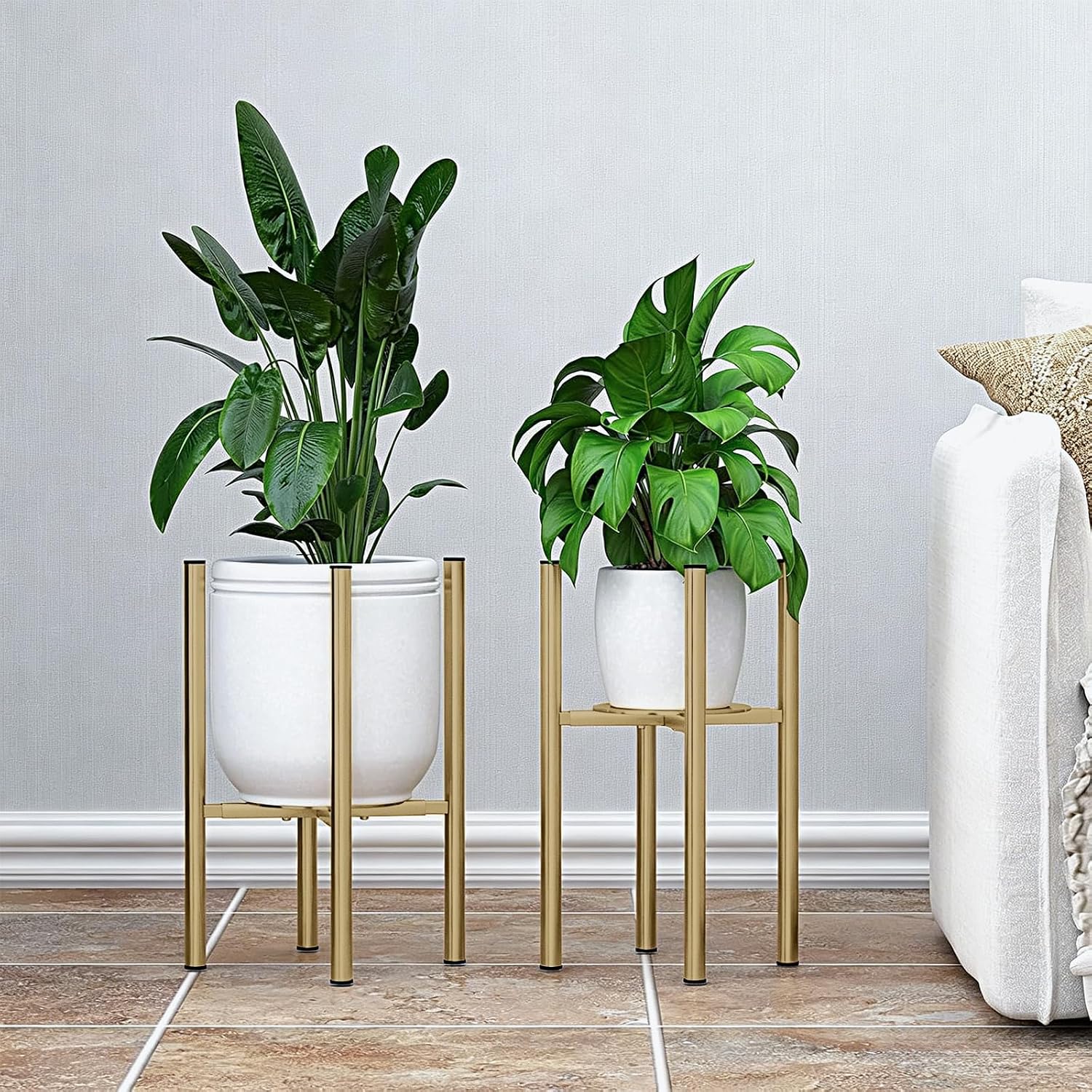 Adjustable Metal Plant Stand Indoor, Fits 8-14 Inch Pots, Mid Century Modern Gold Planter Holder,2 Heights, Heavy Duty
