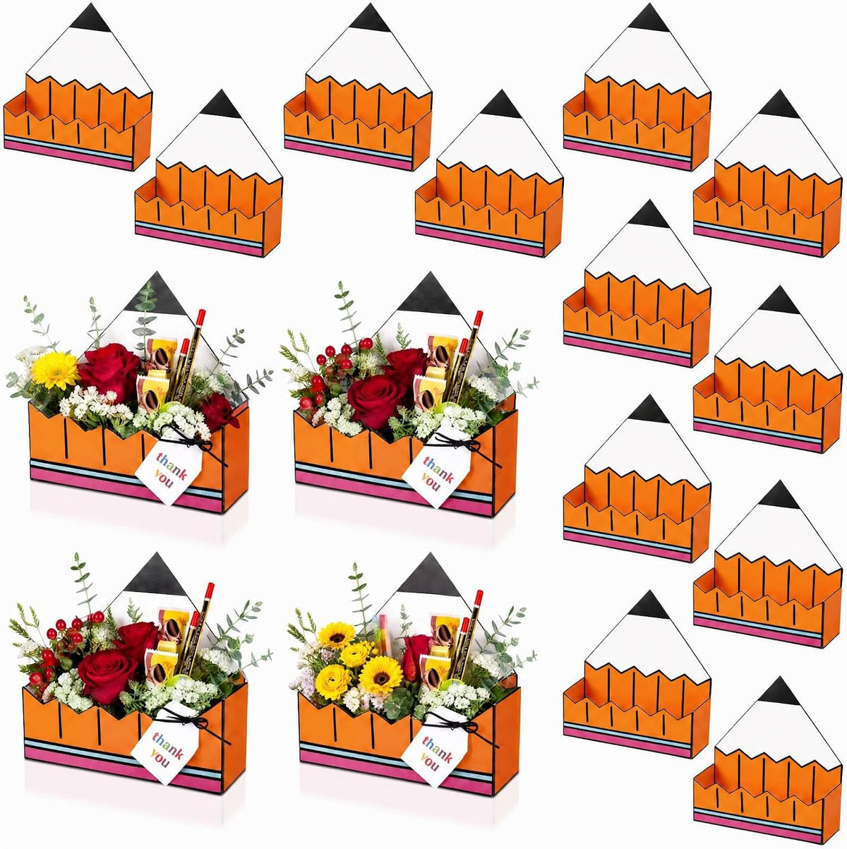 Gueevin 12 Pcs Large Back to School Basket Pencil Shaped Flowers Basket