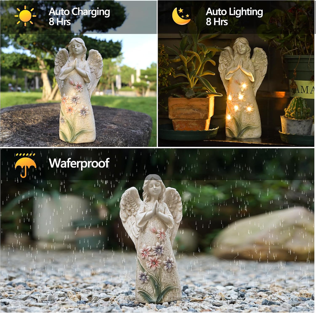 Solar Angel Garden Statue, 9.6 Inch Outdoor Decor with 6 LED Lights | Warm solar glow and a praying angel design for