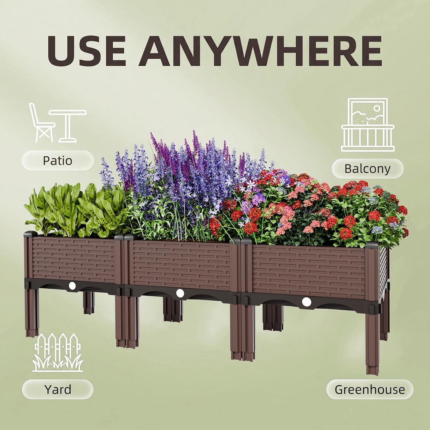 Modular Raised Garden Bed Kit – DIY Stackable Plant Stand with Self-Watering, 47.24"x15.75"x14.17" Brown Plastic