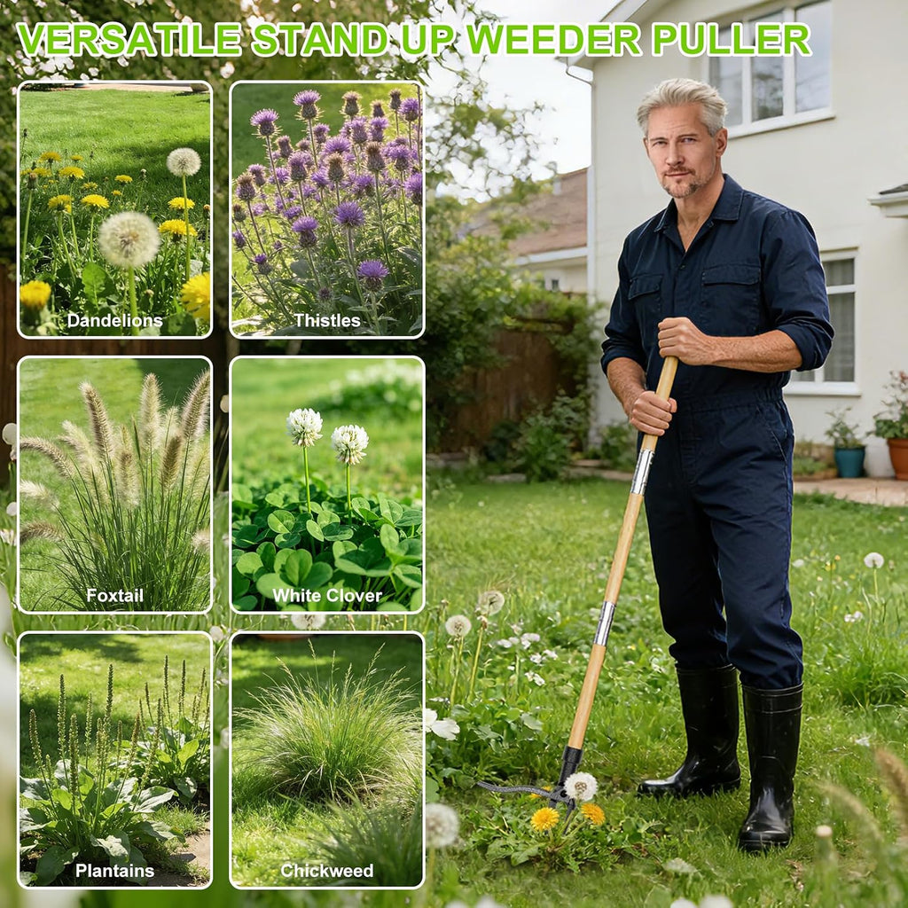 JYI&FORGE Stand Up Weed Puller Tool with Heavy Duty 4-Claw Steel Head | 45" Long Handle, Foot Platform Design, Bamboo