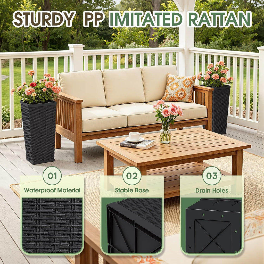 24 Inch Tall Plastic Planters (Set of 2) with Drainage Holes, Black | Detachable Inner Pot, Outdoor Decorative Flower