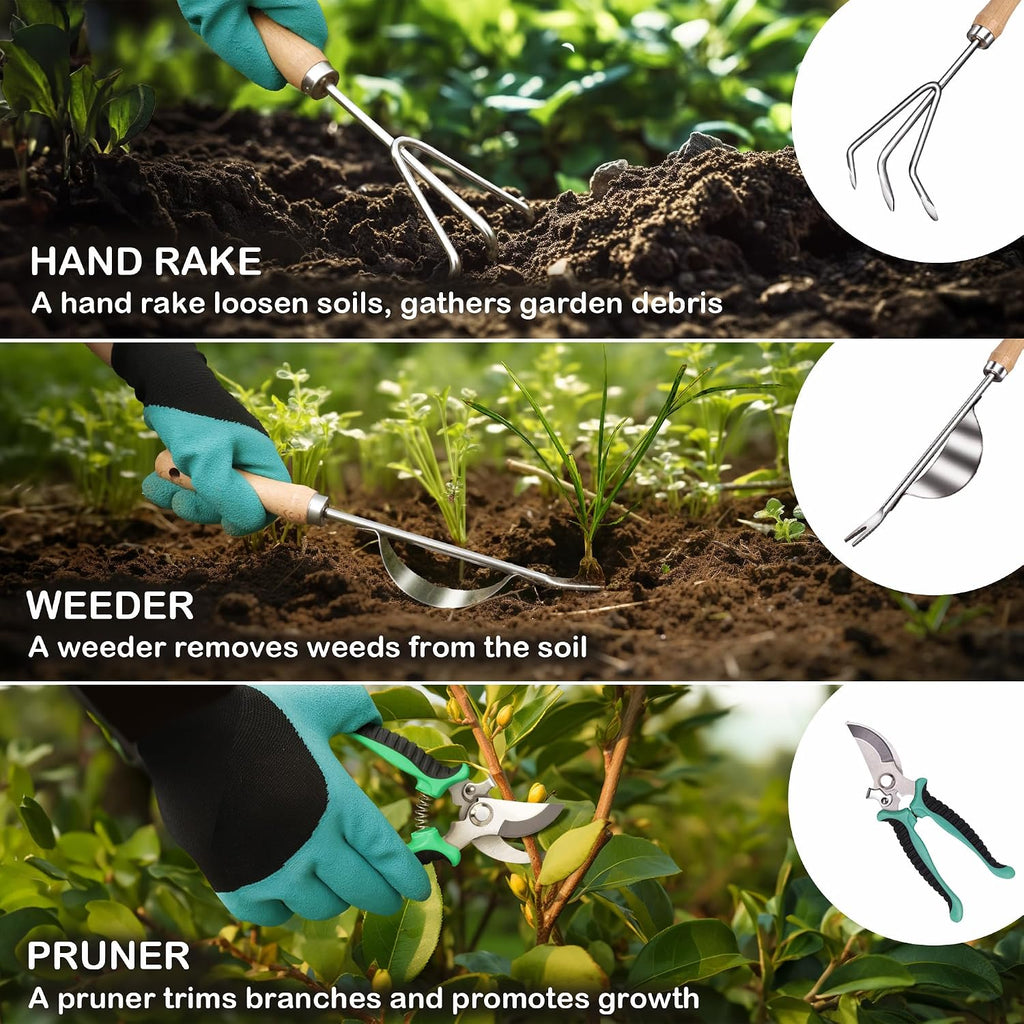 Bluemars Gardening Hand Tool Kit 14PCS Heavy Duty Stainless Steel Garden Tool Set with Floral Garden Tote -Outdoor