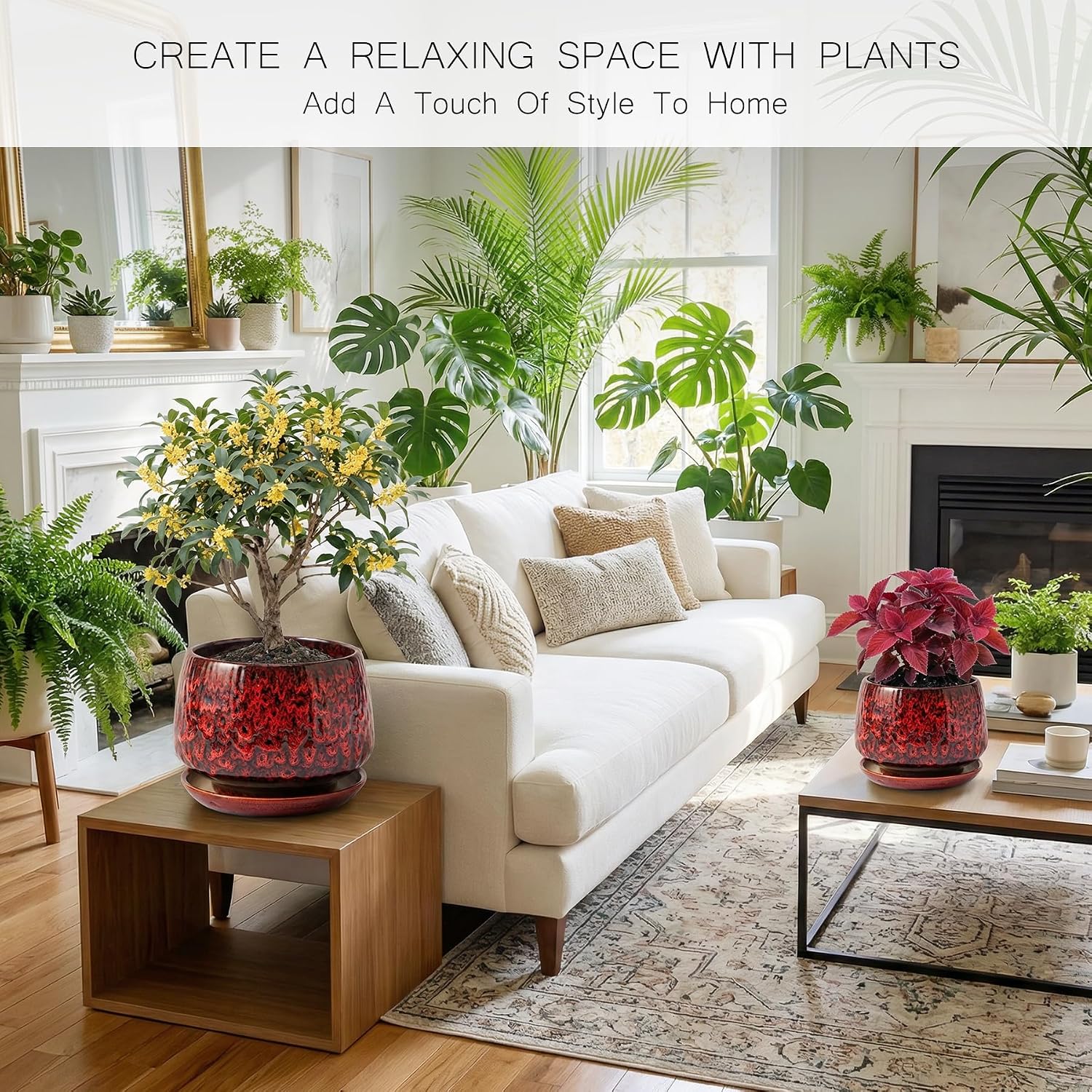 10.3 Inch Ceramic Planter with Saucer,Modern Garden Pots with Drainage Hole Mesh Net, for Indoor Outdoor Use (Speckle
