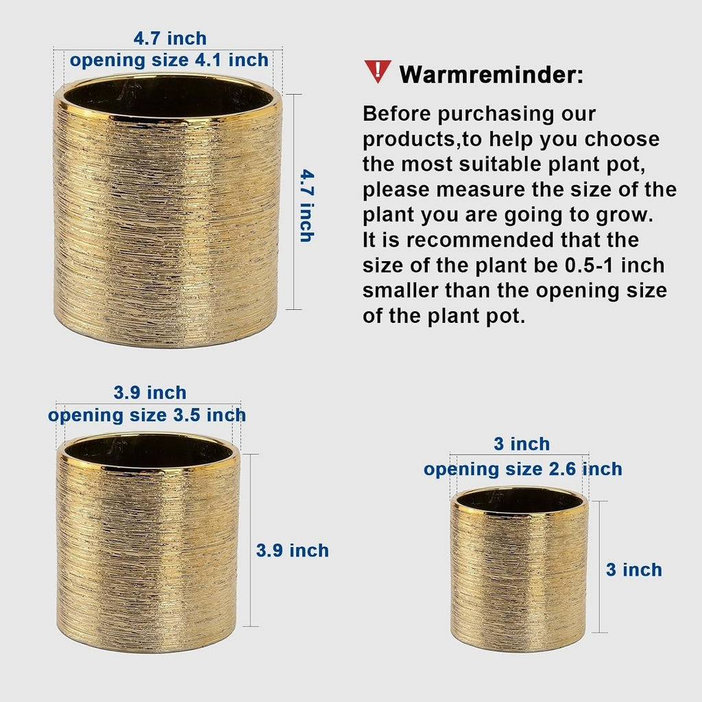 Indoor Plant Pot Flower Holder Ceramic Houseplant Pots Gold Shinny (Opening Size 4.1+3.5+2.6 inch) with Hole (Not