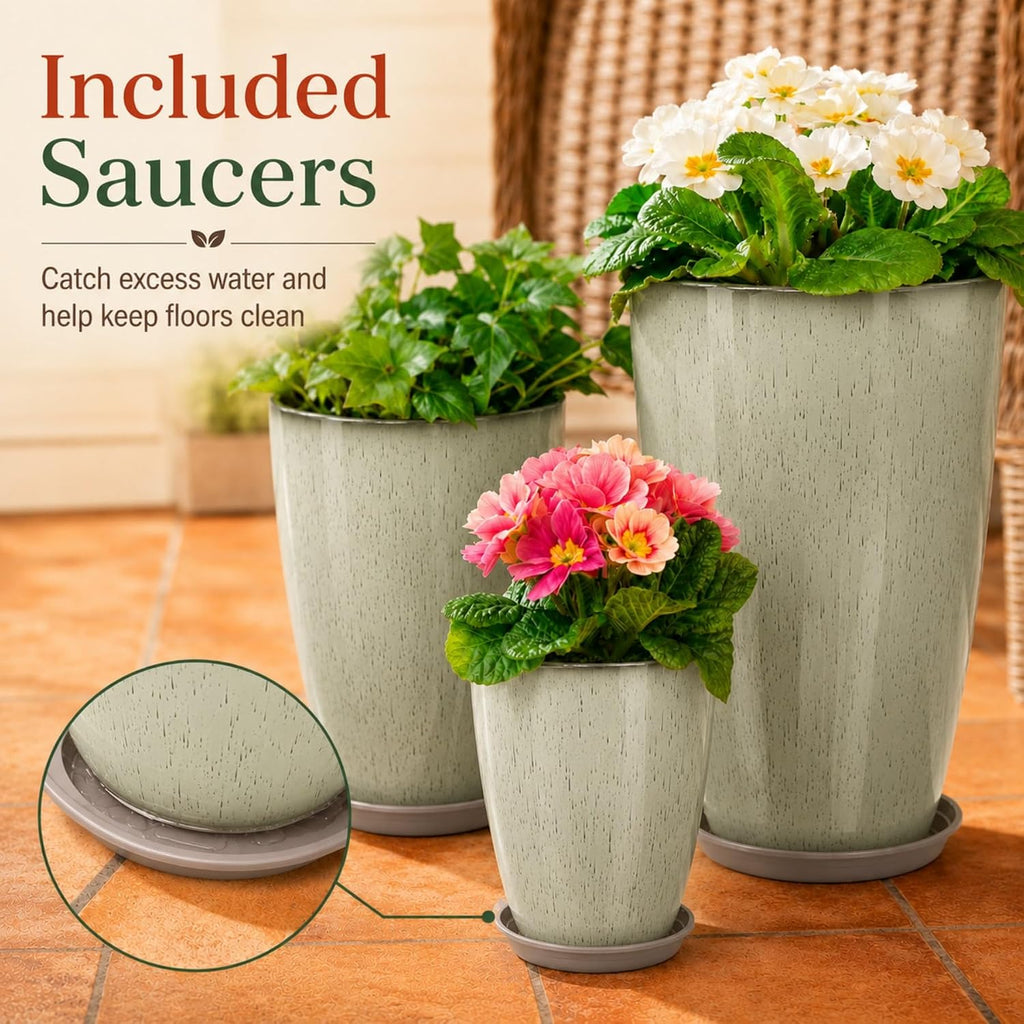 Neoaider Set of 3 Tall Planter, 24/21/12in Large Plastic Planter, DripGlaze | Ceramic-Look, Lightweight, Built-in Drain