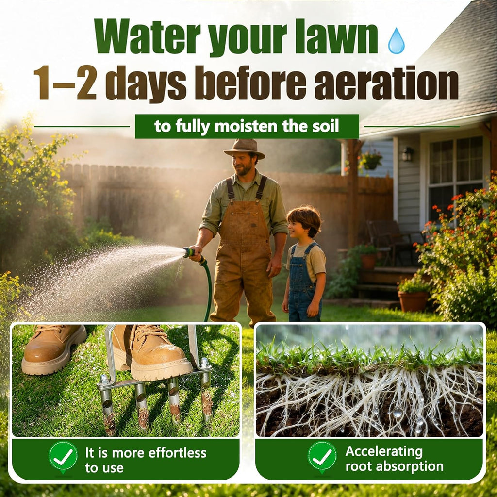 Stainless Steel Aerator Lawn Tool, Manual Core Aerator with 4 Hollow Tines | Heavy Duty Grass Aerator, Anti-Clogging