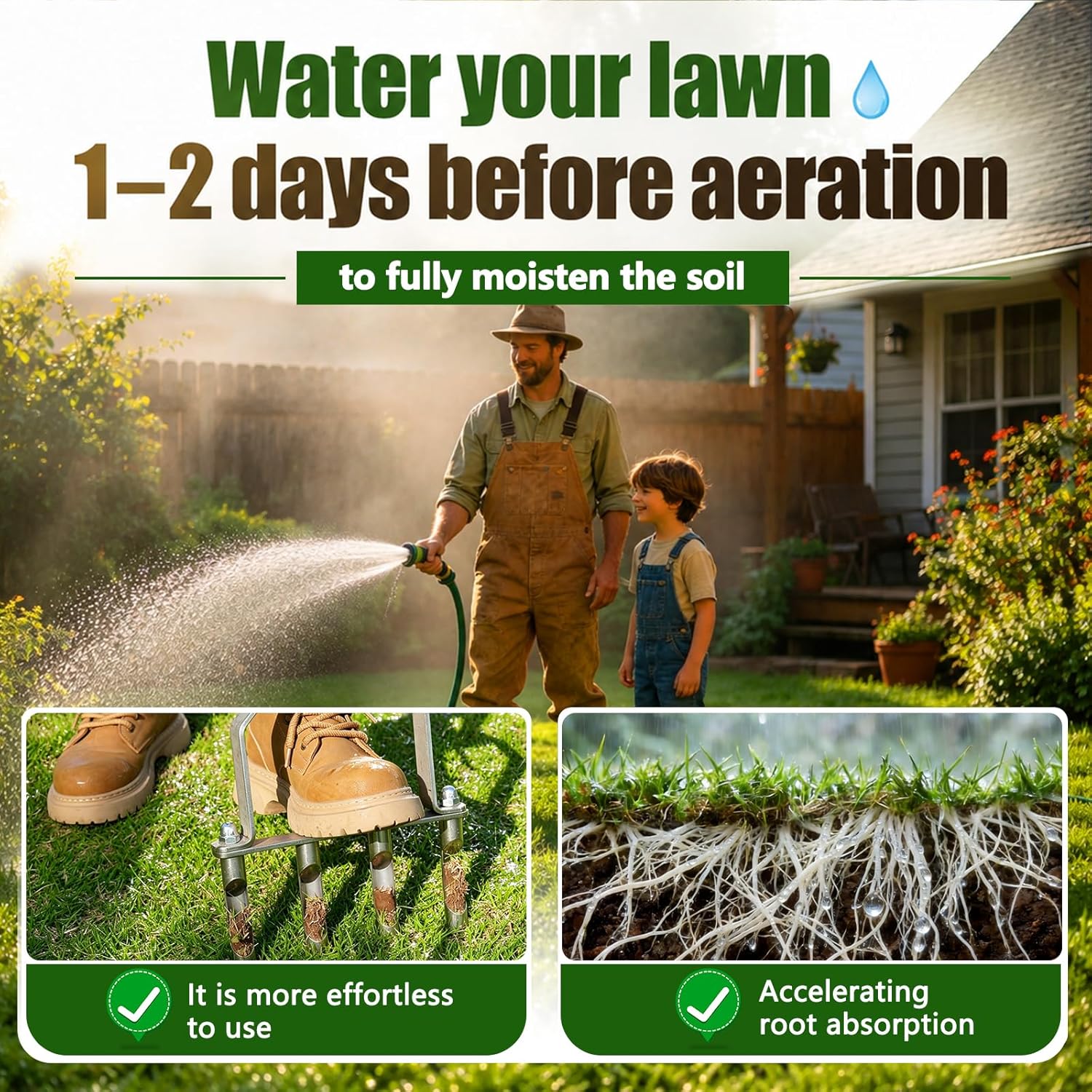 Stainless Steel Aerator Lawn Tool, Manual Core Aerator with 4 Hollow Tines | Heavy Duty Grass Aerator, Anti-Clogging