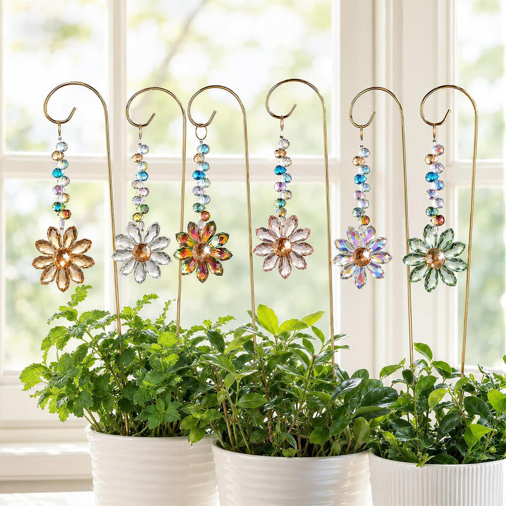6 Pcs Colorful Crystal Sunflower Suncatcher Garden Stake with Trellis Decor | Crystal Sunflower Sun Catchers Garden