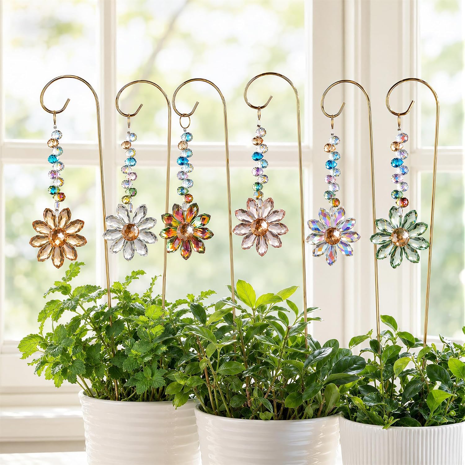 6 Pcs Colorful Crystal Sunflower Suncatcher Garden Stake with Trellis Decor | Crystal Sunflower Sun Catchers Garden