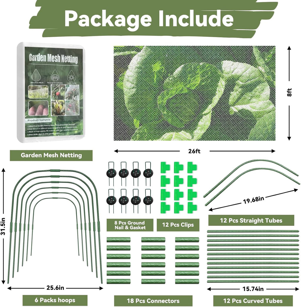 Garden Mesh Netting Kit for Raised Beds, 8 * 26FT Ultra Fine Plant Netting Covers with 6 Pcs Wide Garden Hoops & 12