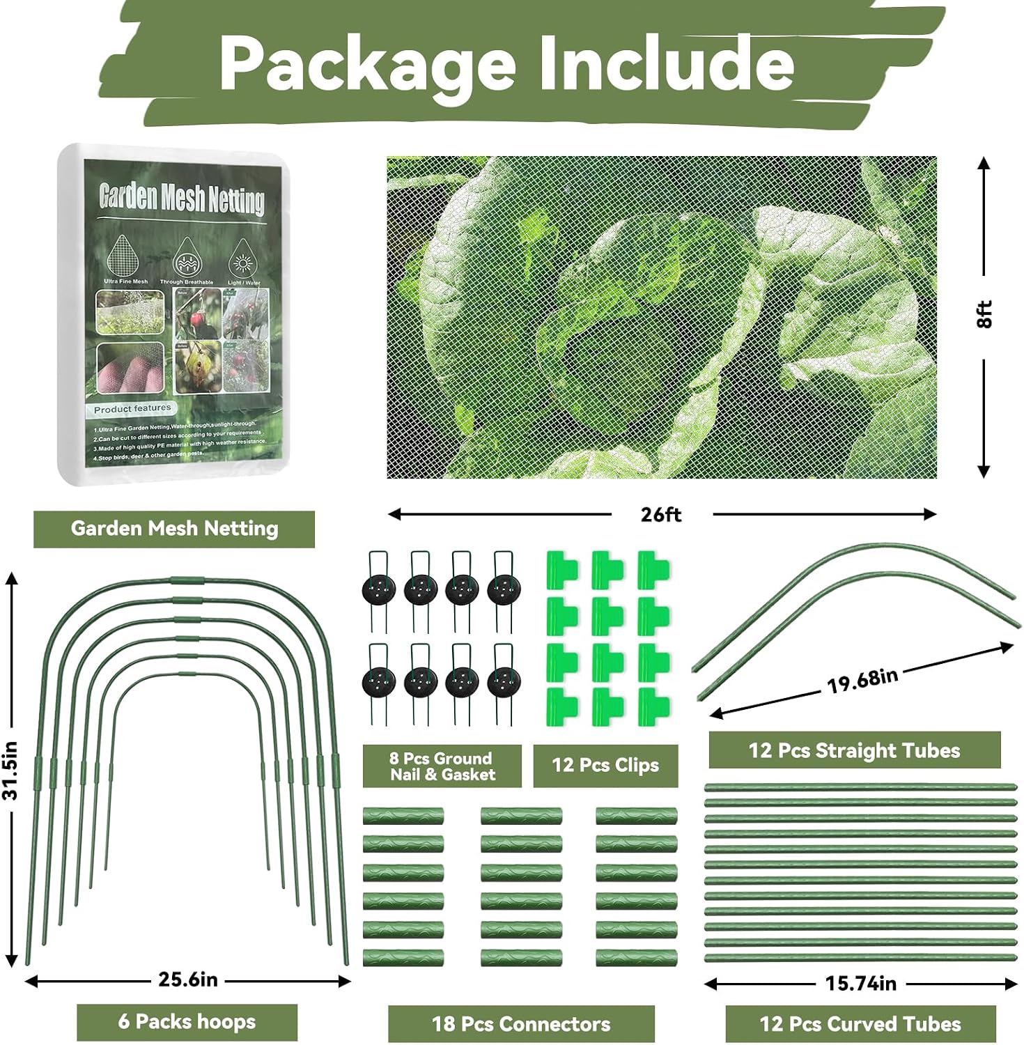 Garden Mesh Netting Kit for Raised Beds, 8 * 26FT Ultra Fine Plant Netting Covers with 6 Pcs Wide Garden Hoops & 12
