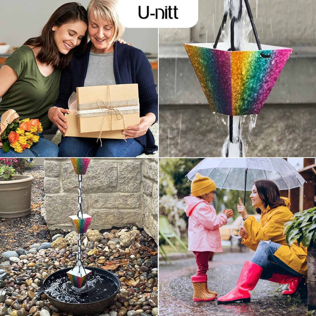 U-nitt Rain Chain Water Collection for Gutters Rainwater Catcher & Diverter, 8.5 FT Chains for Outside Garden, Rainbow