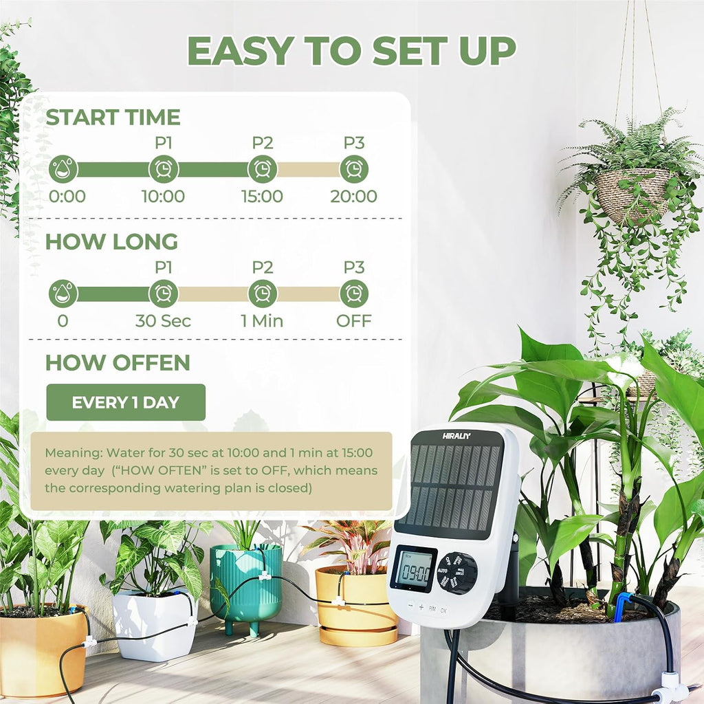 HIRALIY Solar Drip Irrigation System with Timer, Automatic Plant Watering | USB Backup, 12 Drip Emitter Stakes, 40FT