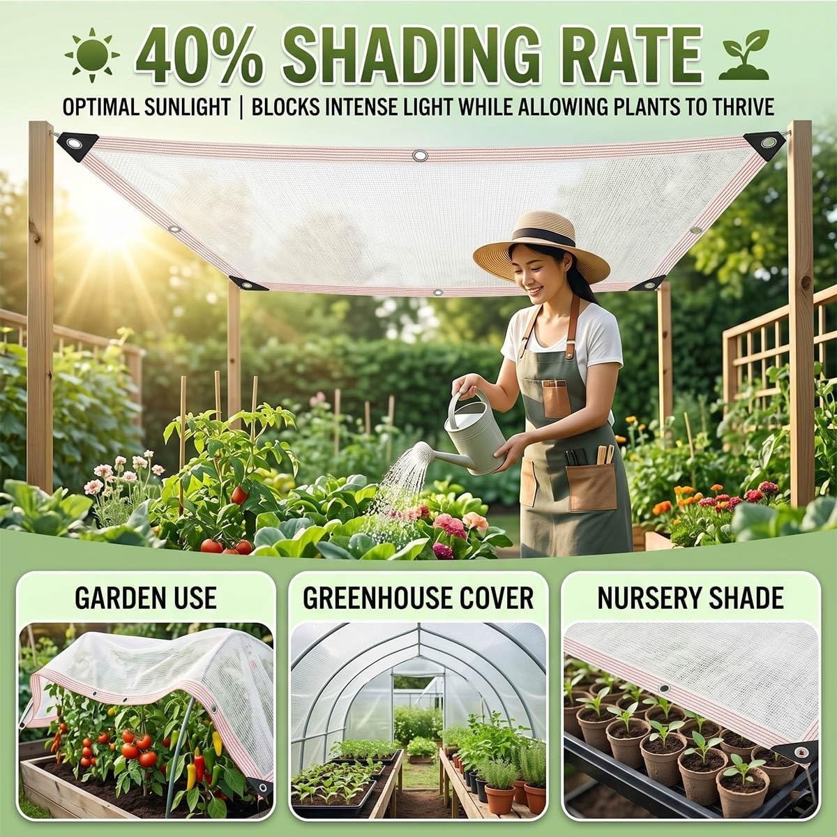 40% White Shade Cloth for Garden Plants, UV Resistant Sun Shade Netting with Grommets, Breathable HDPE Mesh Tarp Canopy