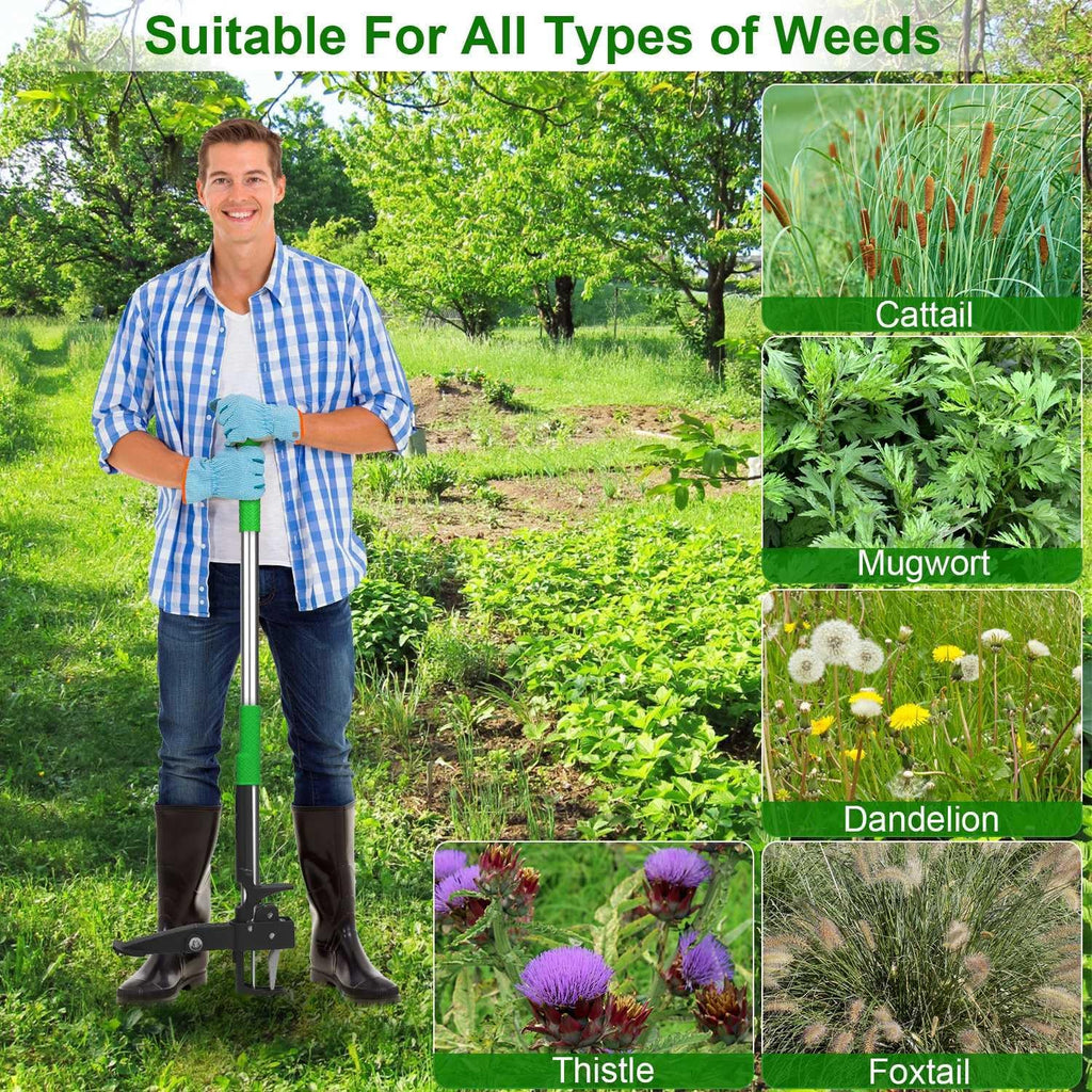 Weed Puller 38.97in Aluminum Weed Puller Stand Up Weeder Without Bending Kneeling Manual Weed Remover Tool with 4 Claws