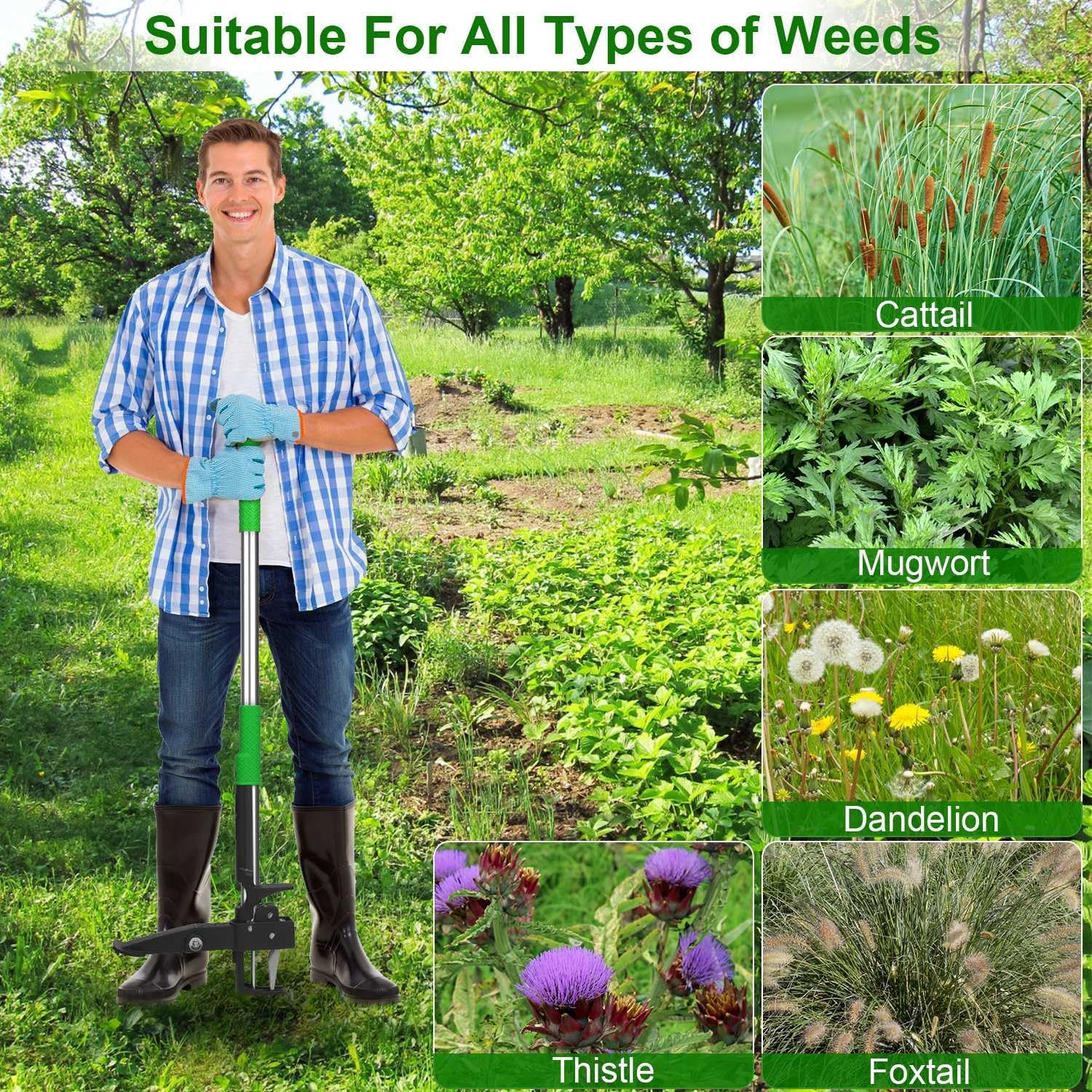 Weed Puller 38.97in Aluminum Weed Puller Stand Up Weeder Without Bending Kneeling Manual Weed Remover Tool with 4 Claws