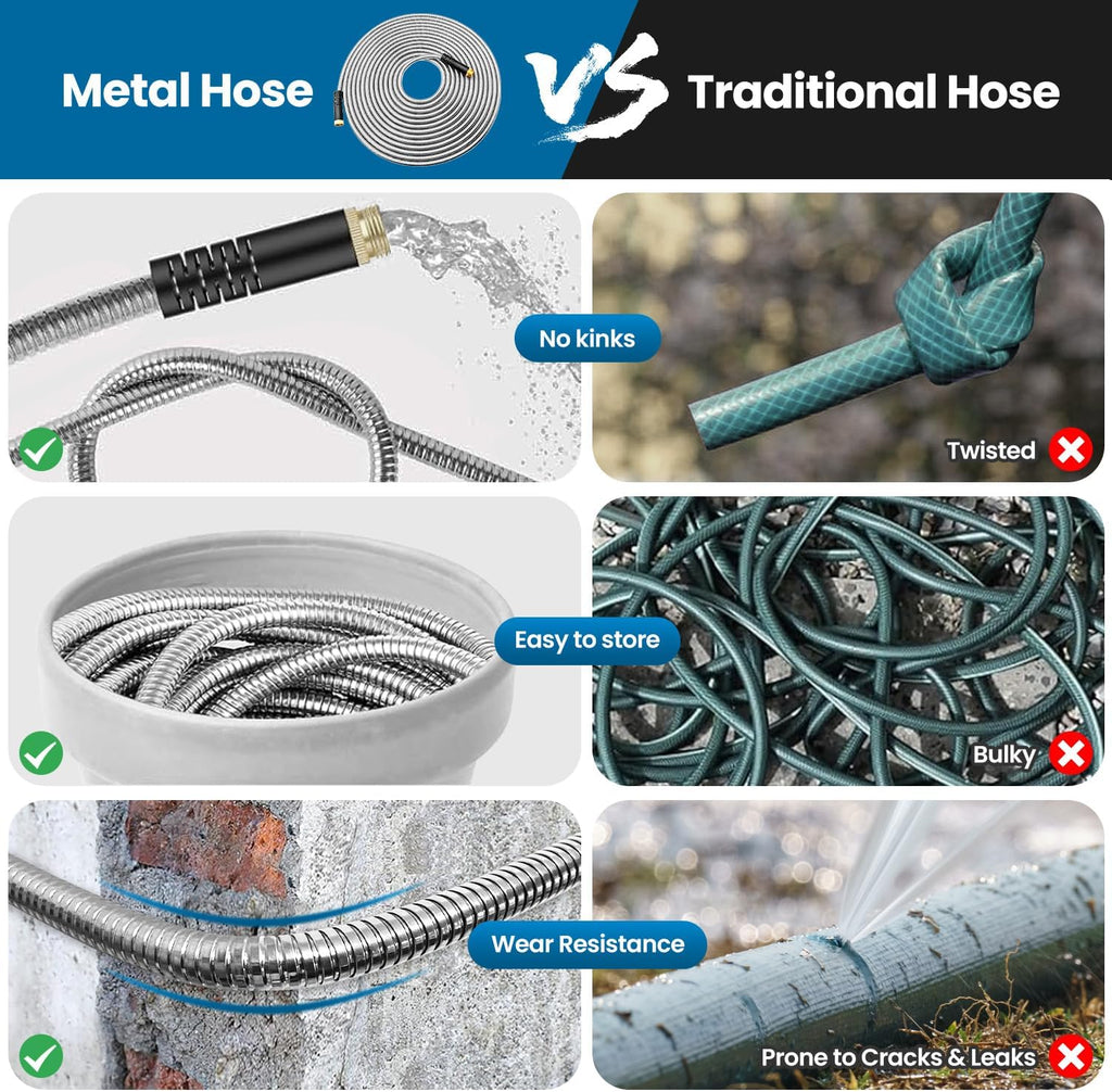 Garden Hose 50FT, Water Hose with 10 Function Nozzle, Garden Hose Metal with Leak-proof Connectors, Kink-Free & Ultra