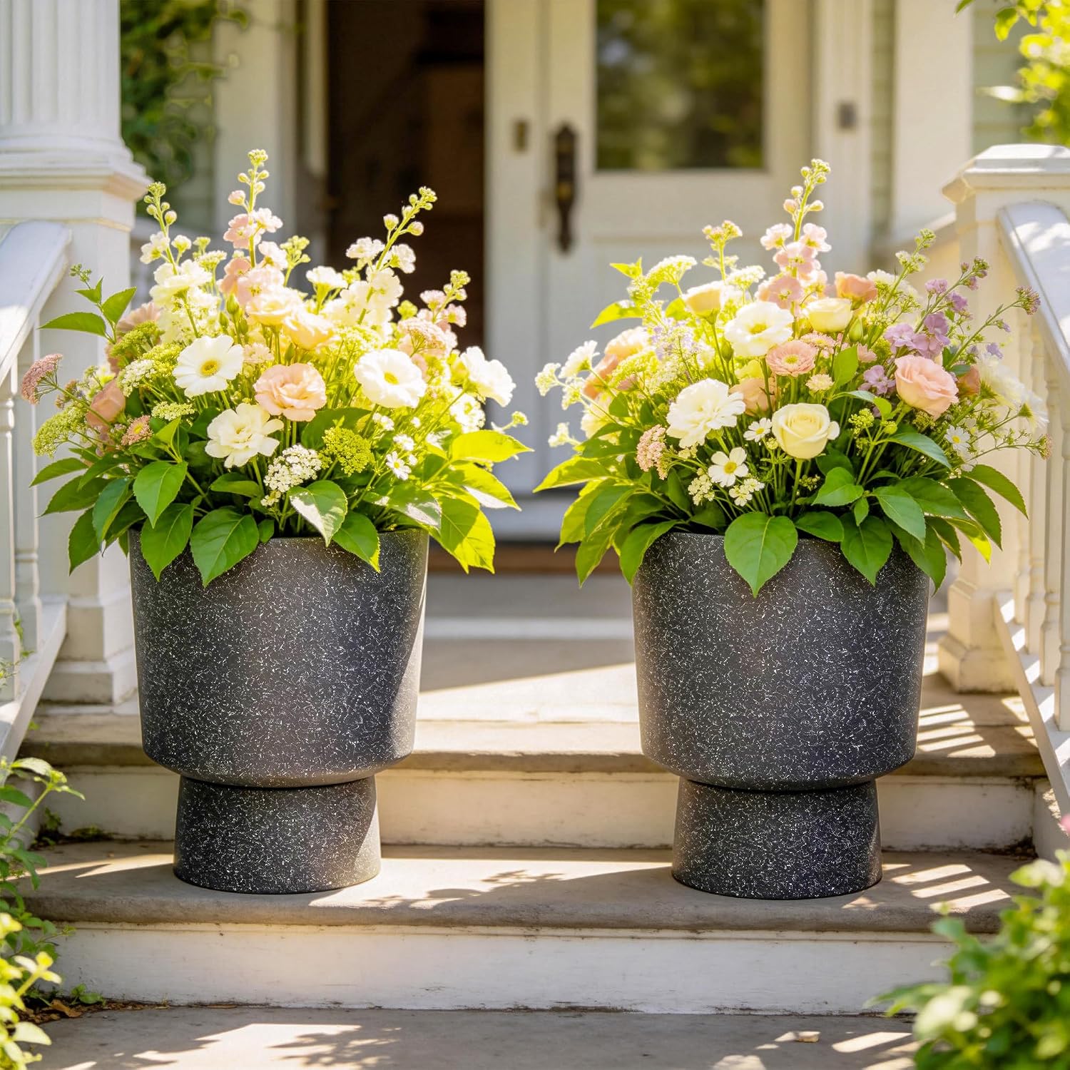 16.8" Pedestal Planters for Outdoor Plants, Large Urn Flower pots S/2 | Durable Plastic Large Outdoor Planters with
