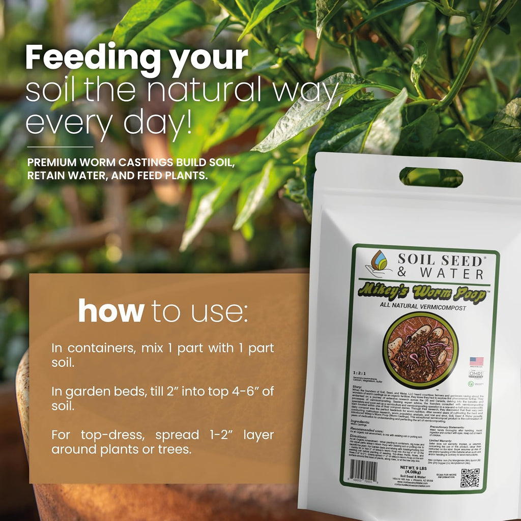 Soil Seed & Water Mikey’s Worm Poop – Organic Dairy Vermicompost Fertilizer Worm Castings for Gardens, Potted Plants &