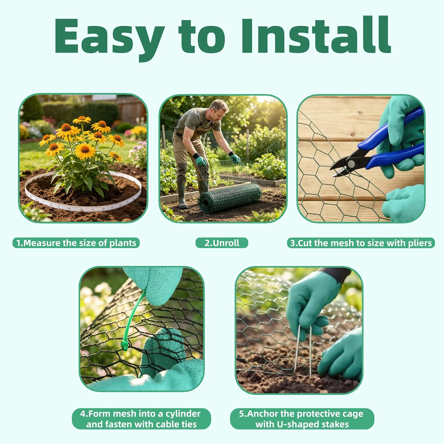 16in x 33ft PVC Coated Chicken Wire Mesh Fence | Garden Fencing Netting & Plant Protectors from Animals Kit with 100